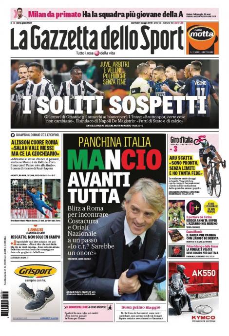 Revista presei sportive, 01.05.2018: CFR Cluj i-a găsit înlocuitor lui Petrescu; naționala Italiei și-a găsit selecționer; Vlad Chiricheș rămâne fără antrenor