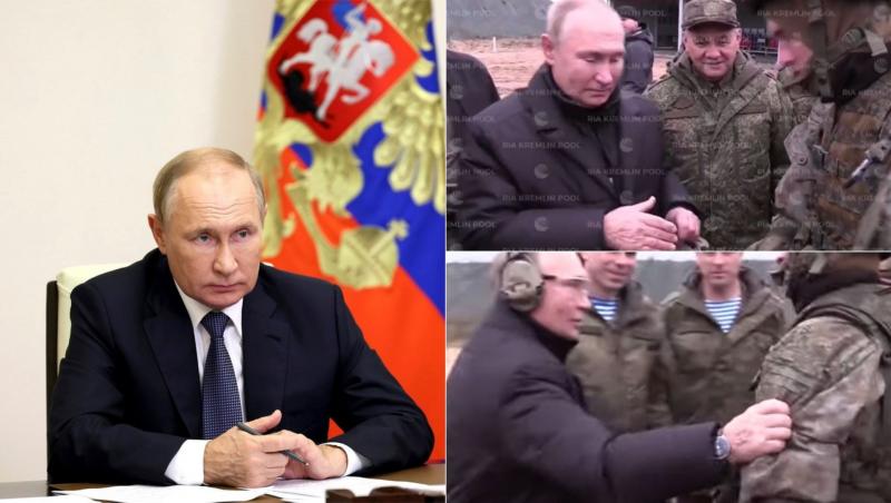colaj de imagini cu vladimir putin la o conferinta si la o baza de antrenament