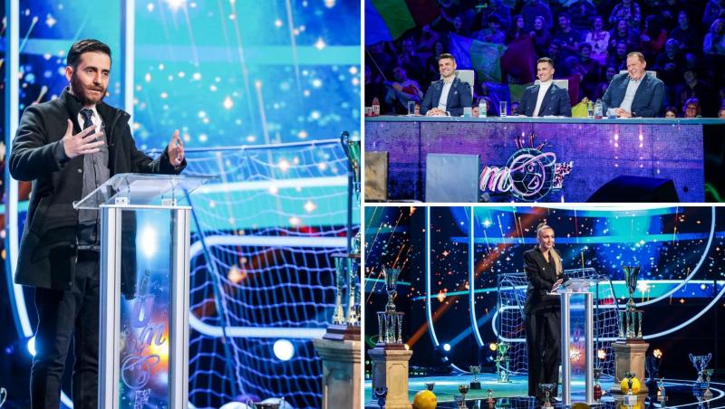 colaj foto George Tănase și Ana Odagiu, pe scena iUmor, iar la masa juriului se află Helmuth Duckadam, Florin Bratu și Florin Gardoș