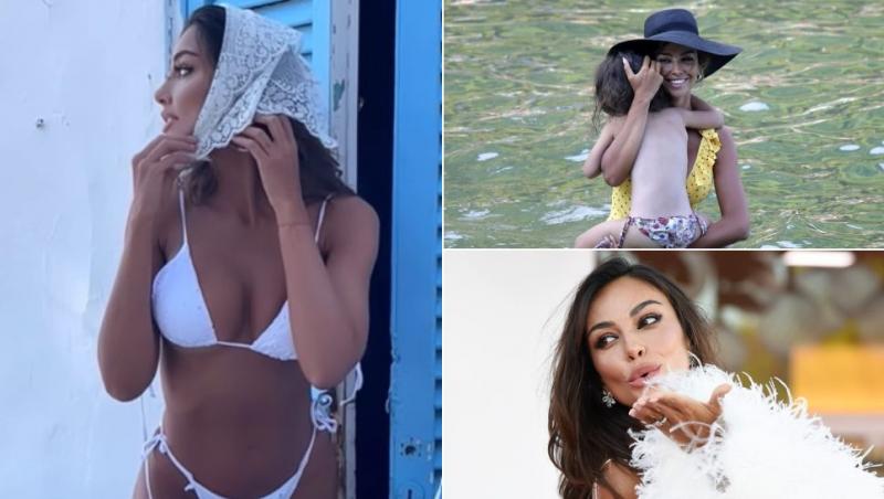 colaj Mădălina Ghenea în costum de baie alb cu un batic pe cap, Mădălina Ghenea cu pălărie ținând-o în brațe pe fiica ei Charlotte și Mădălina Ghenea în rochie albă pe covorul roșu