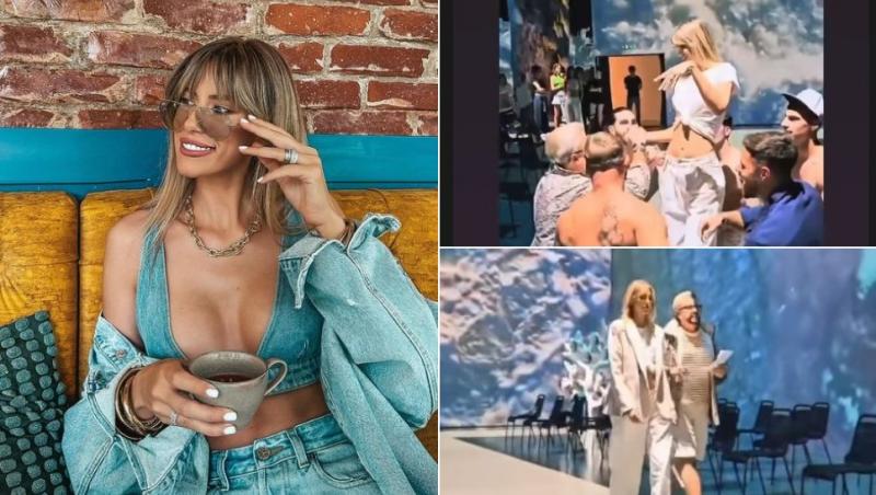 colaj gabriela prisăcariu cu ochelari de soare, gabriela pe scenă înconjurată de modele masculine și gabriela și cătălin botezatu pe scenă