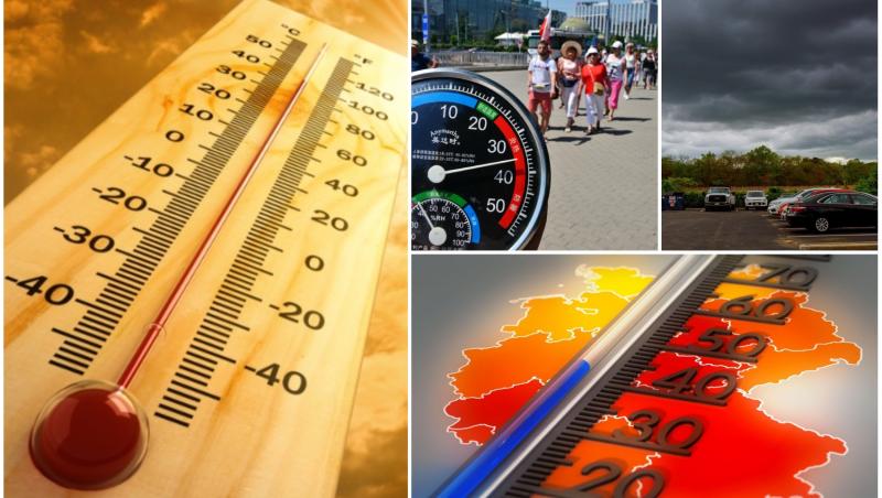 colaj foto cu termometru, oameni pe strada si cer innorat