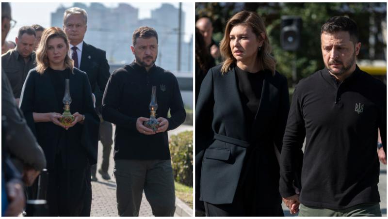 Colaj cu Volodimir Zelenki și Olena Zelenska în două ipostaze diferite