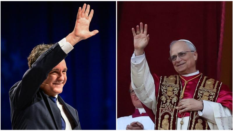 Colaj Nicușor Dan și Papa Leo al XIV-lea. Ambii ridică mâna în semn de salut